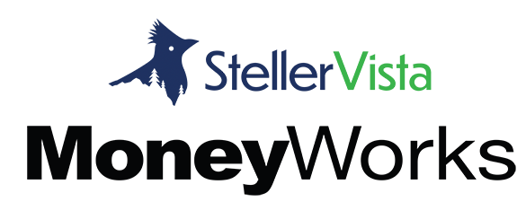 Logo for StellerVista MoneyWorks featuring a bird graphic and text in blue and green.