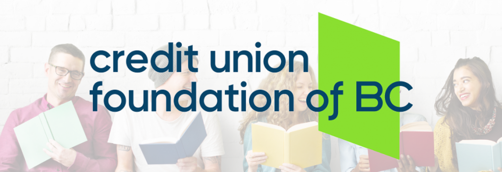 Logo of Credit Union Foundation of BC with individuals reading books in the background.