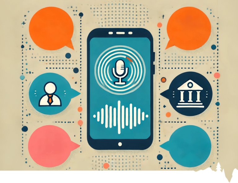 Illustration of a smartphone displaying a microphone icon with sound waves and speech bubbles around it.