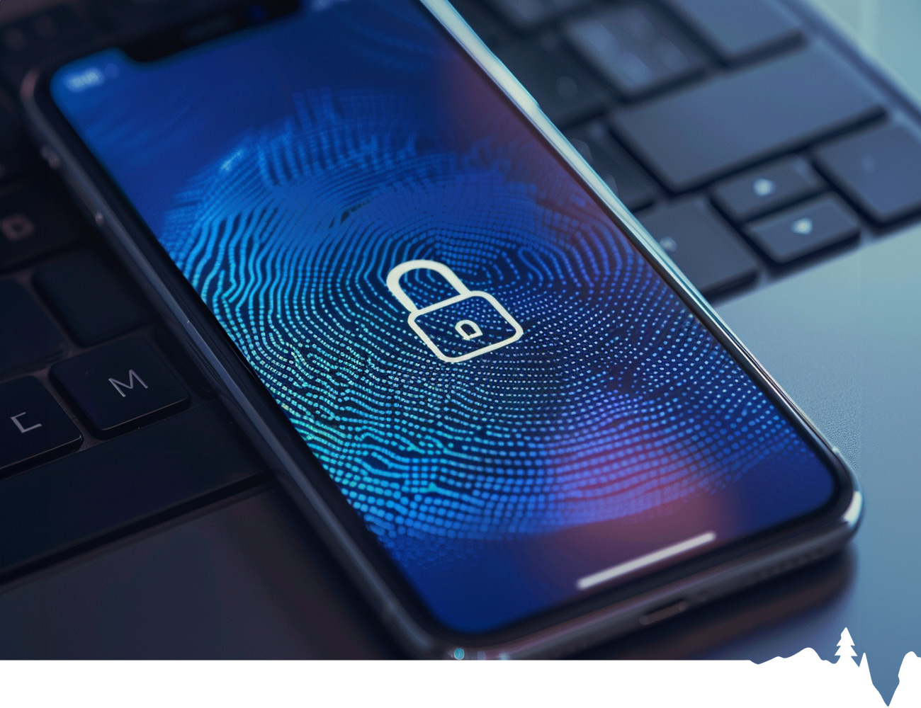 Smartphone with a digital security lock screen design featuring a fingerprint pattern and padlock icon.