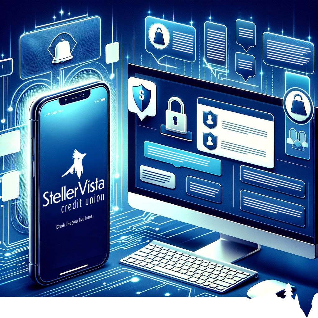 Smartphone displaying StellerVista Credit Union logo next to a computer with digital security elements.