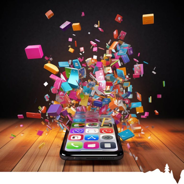 Smartphone displaying app icons that appear to be floating above it in various colors and shapes.