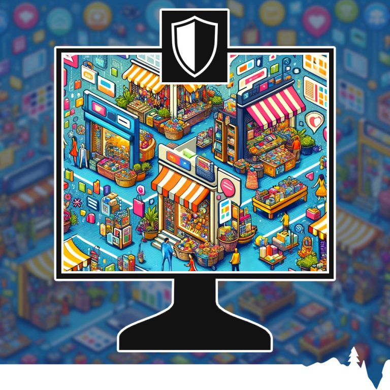Colorful illustration of a digital marketplace with various shops and products displayed on computer screens.