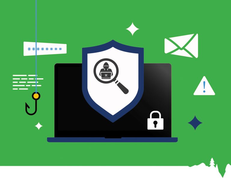 Illustration of a laptop with a shield symbolizing digital security against e-transfer fraud.