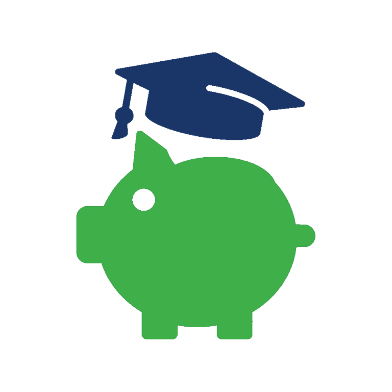 Green piggy bank with a blue graduation cap on top, symbolizing the power of knowledge.