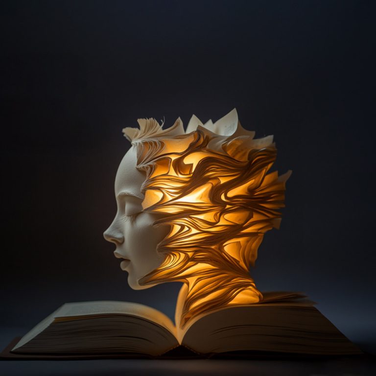 Sculpture of a human face made from book pages, illuminated from within.