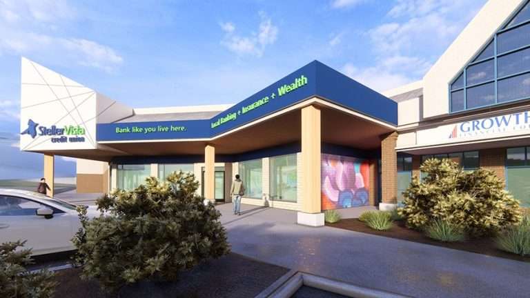 Exterior view of Stellar Vista Credit Union building with signage and landscaping.