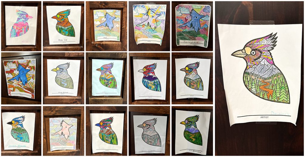 Collection of colorful bird illustrations from a coloring contest, showcasing various artistic styles and designs.