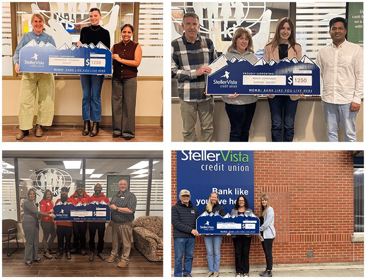 Group of individuals holding large checks representing donations from StellerVista Credit Union to local organizations.